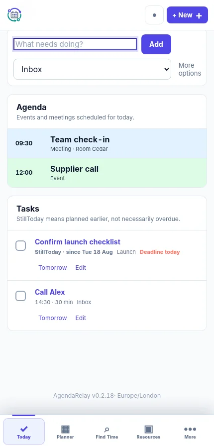 AgendaRelay mobile Today view showing today's agenda, StillToday tasks and the primary mobile navigation