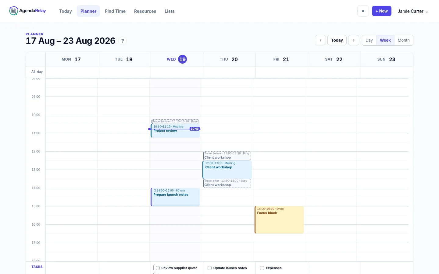 AgendaRelay Planner showing tasks, meetings, travel and resources with synthetic demonstration data